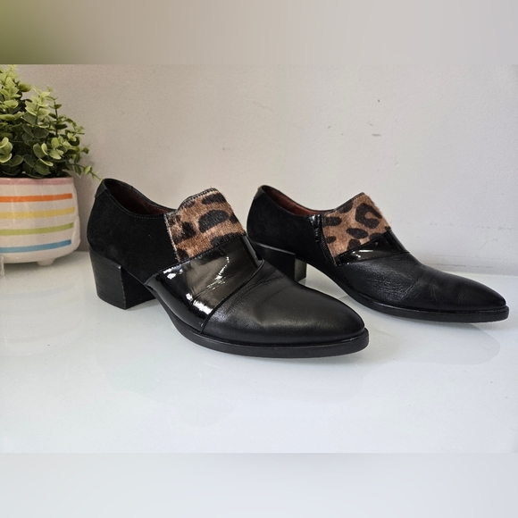 HISPANITAS Leather/Patent Leather/ Fur Black/Leopard Print Block Heel Shoes.40 - Picture 2 of 12